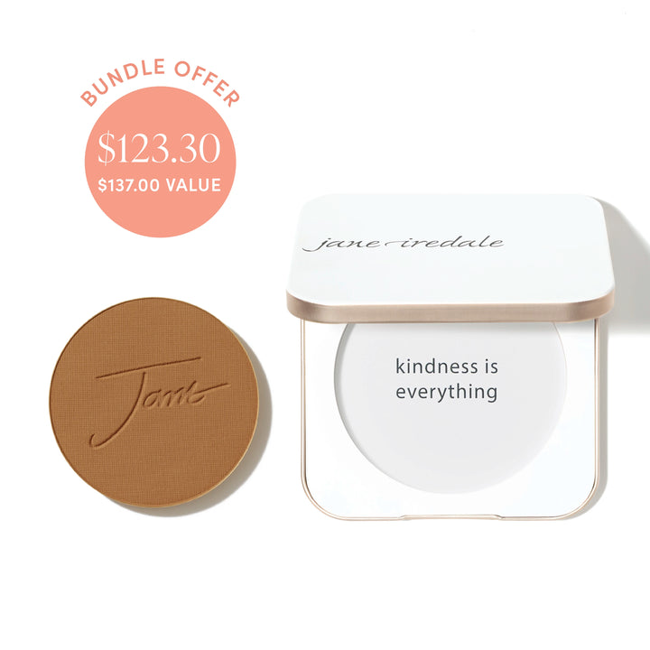 Jane Iredale® PurePressed Base Mineral Foundation refill in Cognac shade beside a refillable compact, with bundle offer badge showing $123.30 and $137.00 value.
