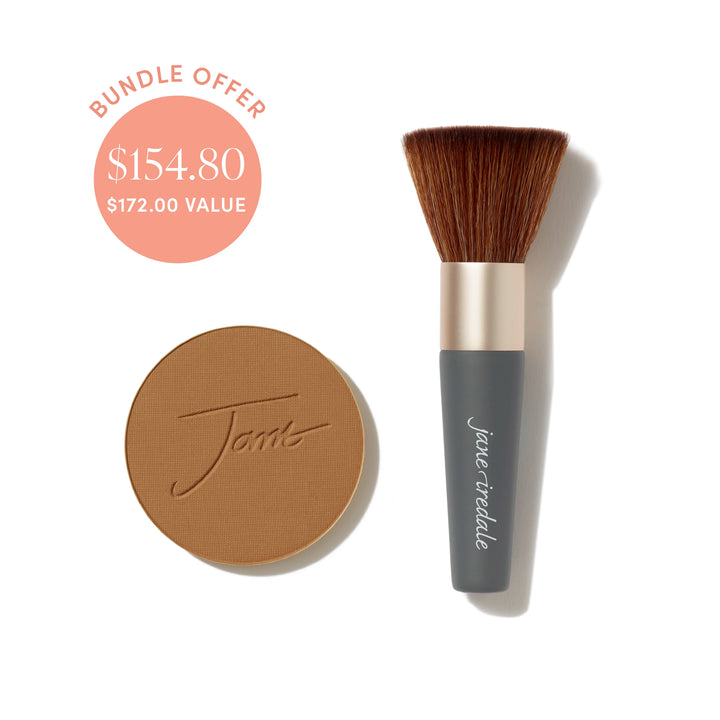 Jane Iredale® PurePressed Base Mineral Foundation refill in Cognac shade beside a Handi Brush, with bundle offer badge showing $154.80 and $172.00 value.