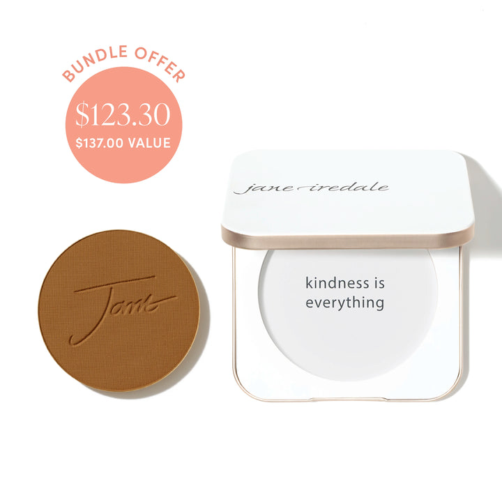 Jane Iredale® PurePressed Base Mineral Foundation refill in Warm Brown shade beside a refillable compact, with bundle offer badge showing $123.30 and $137.00 value.