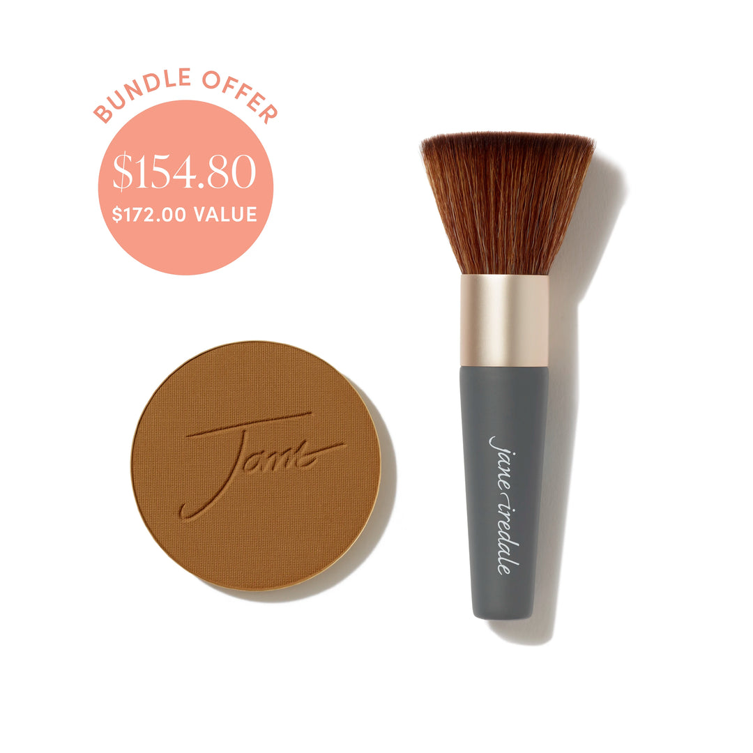 Jane Iredale® PurePressed Base Mineral Foundation refill in Warm Brown shade beside a Handi Brush, with bundle offer badge showing $154.80 and $172.00 value.