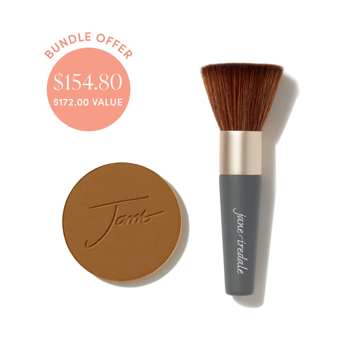 Jane Iredale® PurePressed Base Mineral Foundation refill in Warm Brown shade beside a Handi Brush, with bundle offer badge showing $154.80 and $172.00 value.