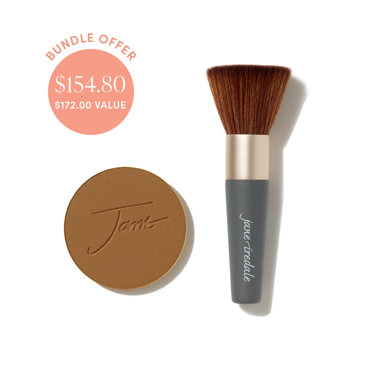 Jane Iredale® PurePressed Base Mineral Foundation refill in Bittersweet shade beside a Handi Brush, with bundle offer badge showing $154.80 and $172.00 value.