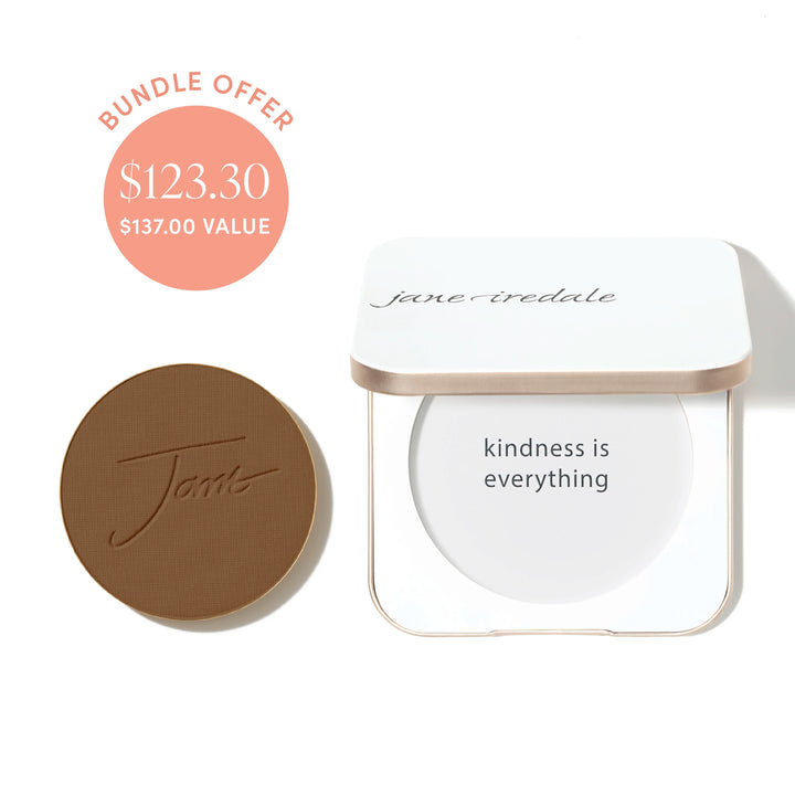 Jane Iredale® PurePressed Base Mineral Foundation refill in Mahogany shade beside a refillable compact, with bundle offer badge showing $123.30 and $137.00 value.