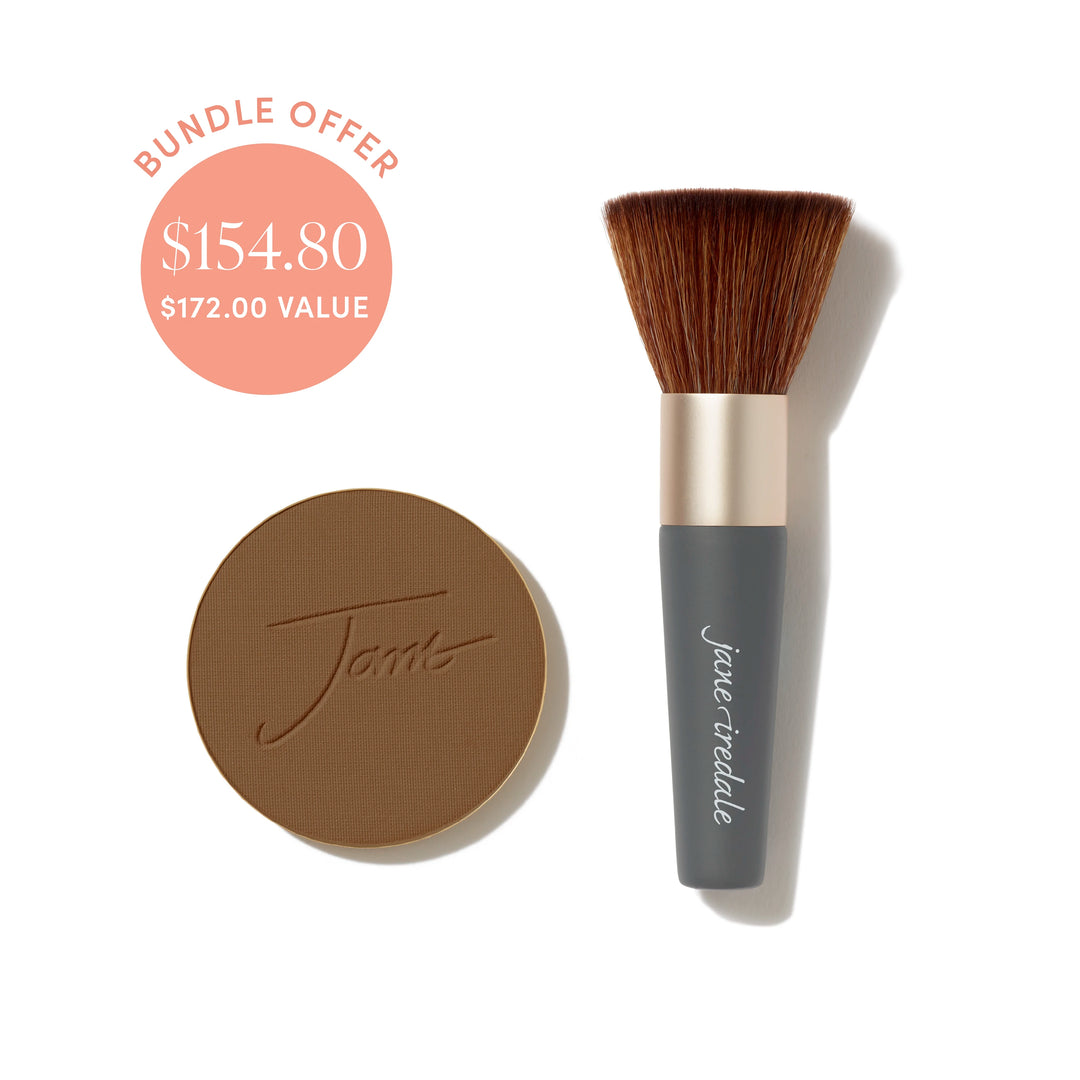Jane Iredale® PurePressed Base Mineral Foundation refill in Mahogany shade beside a Handi Brush, with bundle offer badge showing $154.80 and $172.00 value.
