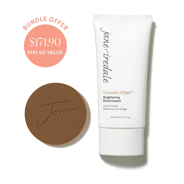 Jane Iredale® PurePressed Base Mineral Foundation refill in Mahogany shade beside Brightening Smooth Affair Face Primer, with bundle offer badge showing $171.90 and $191.00 value.