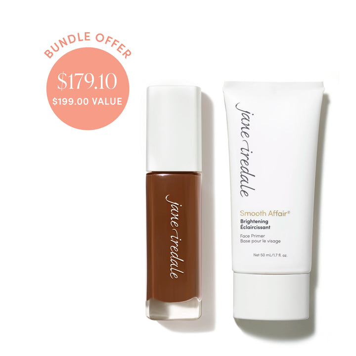 Jane Iredale® Skintuition SPF 30 Radiance-Boosting Liquid Foundation in shade 80 beside Brightening Smooth Affair Face Primer, with bundle offer badge showing $179.10 and $199.00 value.