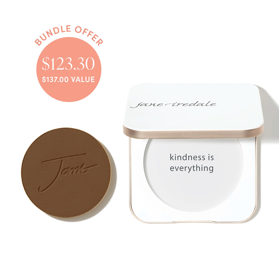 Jane Iredale® PurePressed Base Mineral Foundation refill in Cocoa shade beside a refillable compact, with bundle offer badge showing $123.30 and $137.00 value.