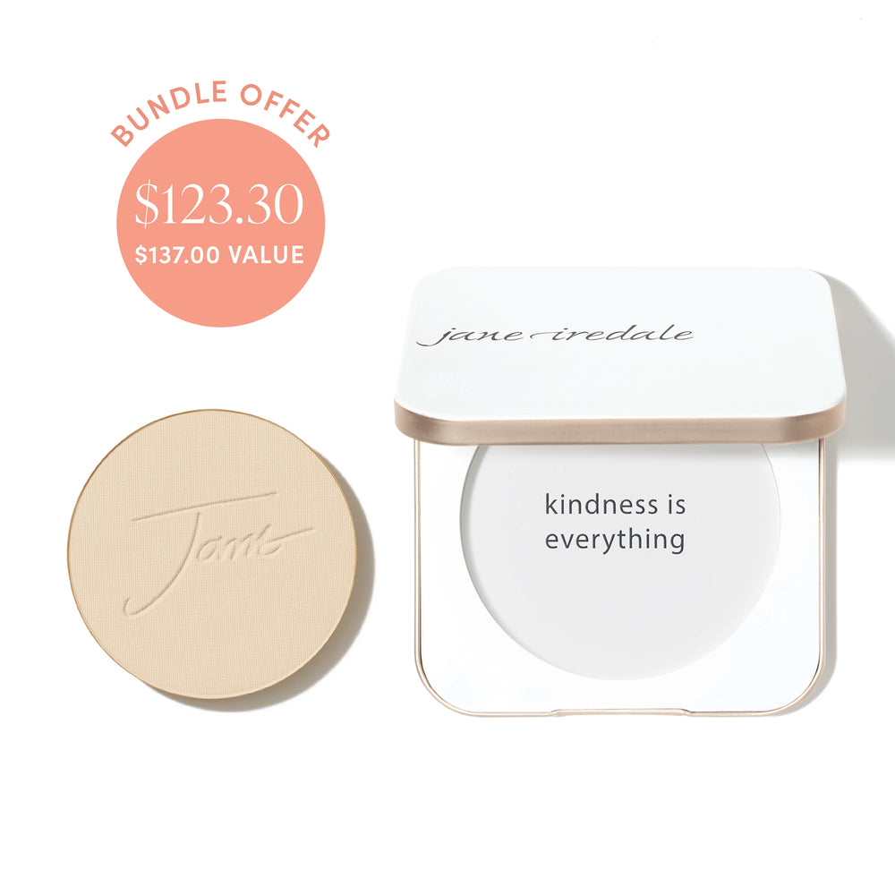 Jane Iredale® PurePressed Base Mineral Foundation refill in Bisque shade beside a refillable compact, with bundle offer badge showing $123.30 and $137.00 value.