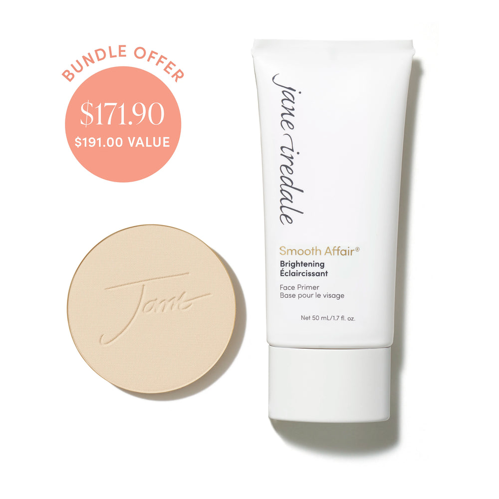 Jane Iredale® PurePressed Base Mineral Foundation refill in Bisque shade beside Brightening Smooth Affair Face Primer, with bundle offer badge showing $171.90 and $191.00 value.
