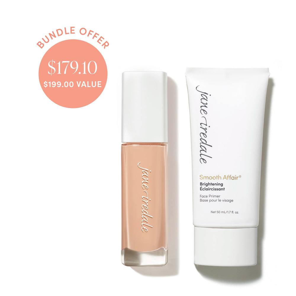 Jane Iredale® Skintuition SPF 30 Radiance-Boosting Liquid Foundation in shade 14 beside Brightening Smooth Affair Face Primer, with bundle offer badge showing $179.10 and $199.00 value.