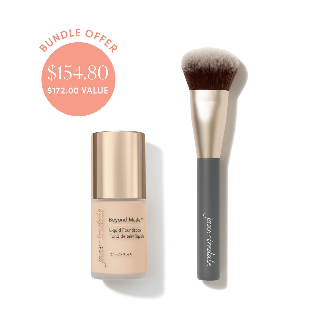 Jane Iredale® Beyond Matte Liquid Foundation in shade M2 beside a Multiuse Blending Brush, with bundle offer badge showing $154.80 and $172.00 value.