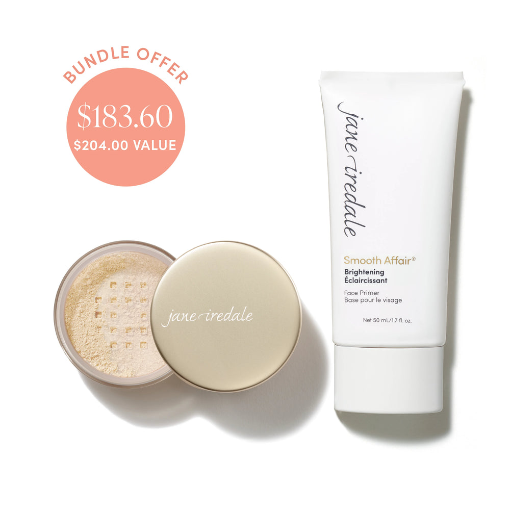 Jane Iredale® Amazing Base Loose Mineral Powder in Bisque shade beside Smooth Affair® Brightening Face Primer, with bundle offer badge showing $183.60 and $204.00 value.