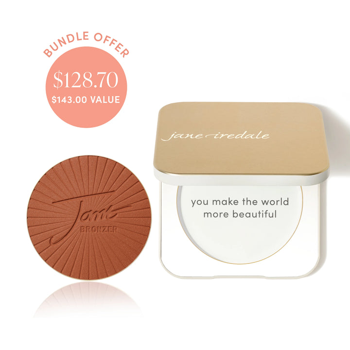 Jane Iredale® PureBronze Bronzer refill in Matte 3 shade beside a Refillable Compact, with bundle offer badge showing $128.70 and $143.00 value.