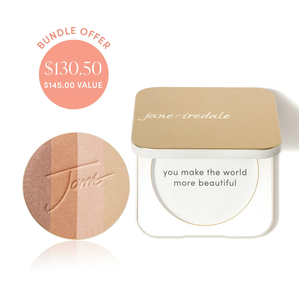 Jane Iredale® PureBronze Shimmer Bronzer refill in Moonglow shade beside a Refillable Compact, with bundle offer badge showing $130.50 and $145.00 value.