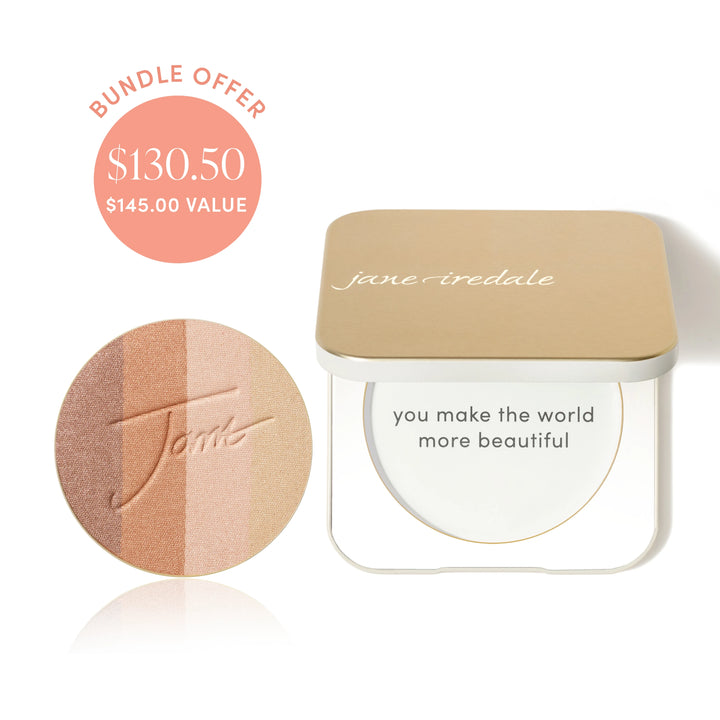Jane Iredale® PureBronze Shimmer Bronzer refill in Moonglow shade beside a Refillable Compact, with bundle offer badge showing $130.50 and $145.00 value.