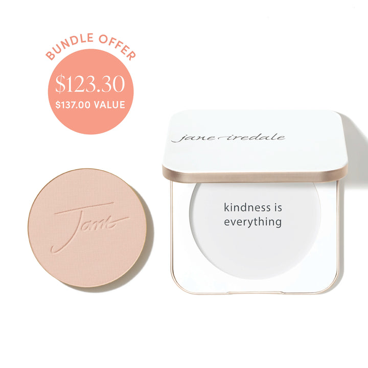 Jane Iredale® PurePressed Base Mineral Foundation refill in Light Beige shade beside a refillable compact, with bundle offer badge showing $123.30 and $137.00 value.