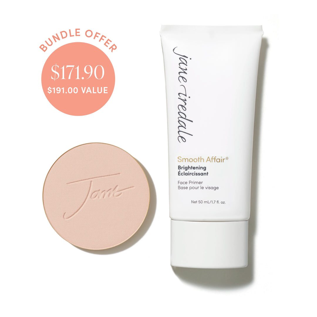 Jane Iredale® PurePressed Base Mineral Foundation refill in Light Beige shade beside Brightening Smooth Affair Face Primer, with bundle offer badge showing $171.90 and $191.00 value.