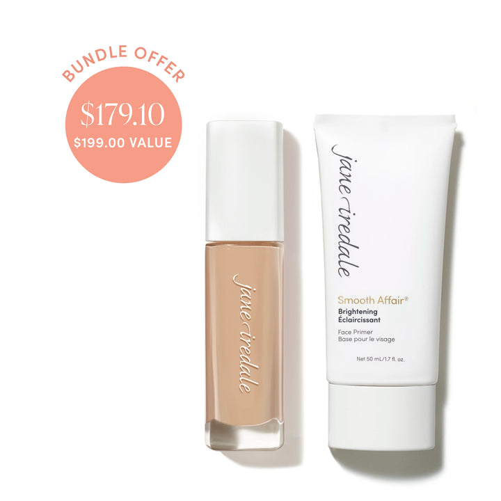 Jane Iredale® Skintuition SPF 30 Radiance-Boosting Liquid Foundation in shade 20 beside Brightening Smooth Affair Face Primer, with bundle offer badge showing $179.10 and $199.00 value.