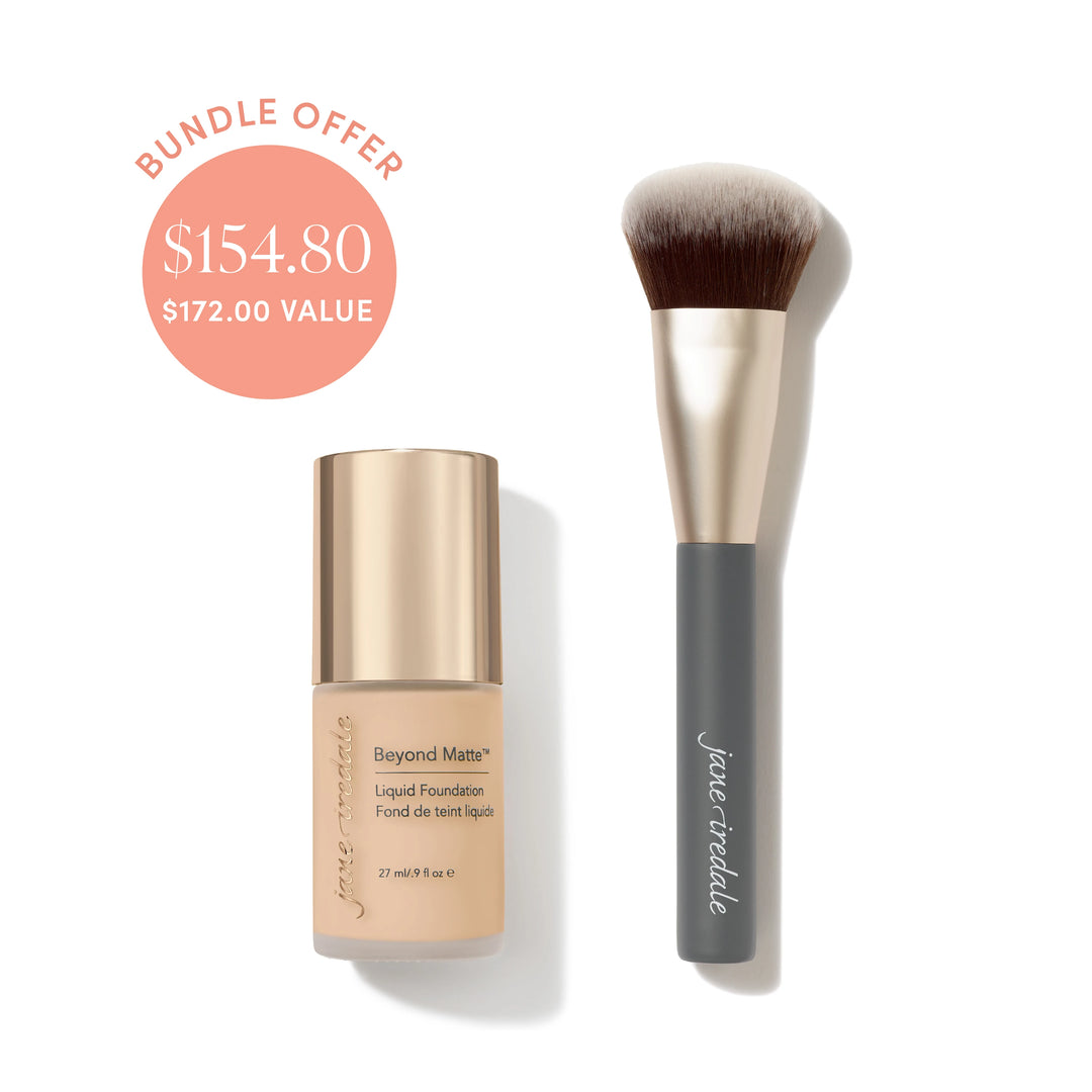Jane Iredale® Beyond Matte Liquid Foundation in shade M3 beside a Multiuse Blending Brush, with bundle offer badge showing $154.80 and $172.00 value.