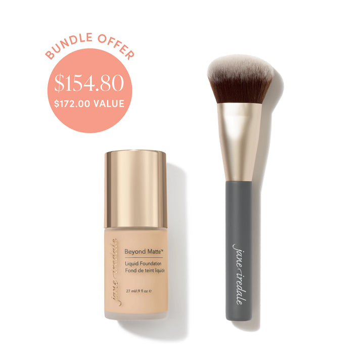 Jane Iredale® Beyond Matte Liquid Foundation in shade M3 beside a Multiuse Blending Brush, with bundle offer badge showing $154.80 and $172.00 value.