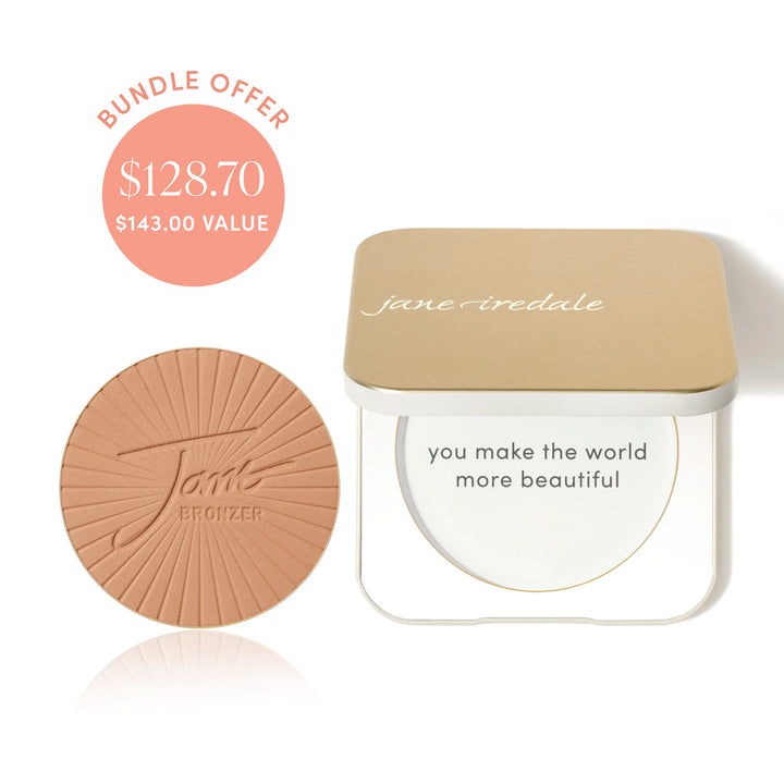 Jane Iredale® PureBronze Bronzer refill in Light shade beside a Refillable Compact, with bundle offer badge showing $128.70 and $143.00 value.