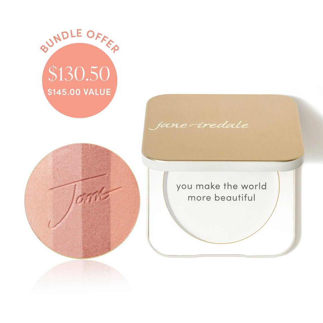Jane Iredale® PureBronze Shimmer Bronzer refill in Peaches &amp; Cream shade beside a Refillable Compact, with bundle offer badge showing $130.50 and $145.00 value.