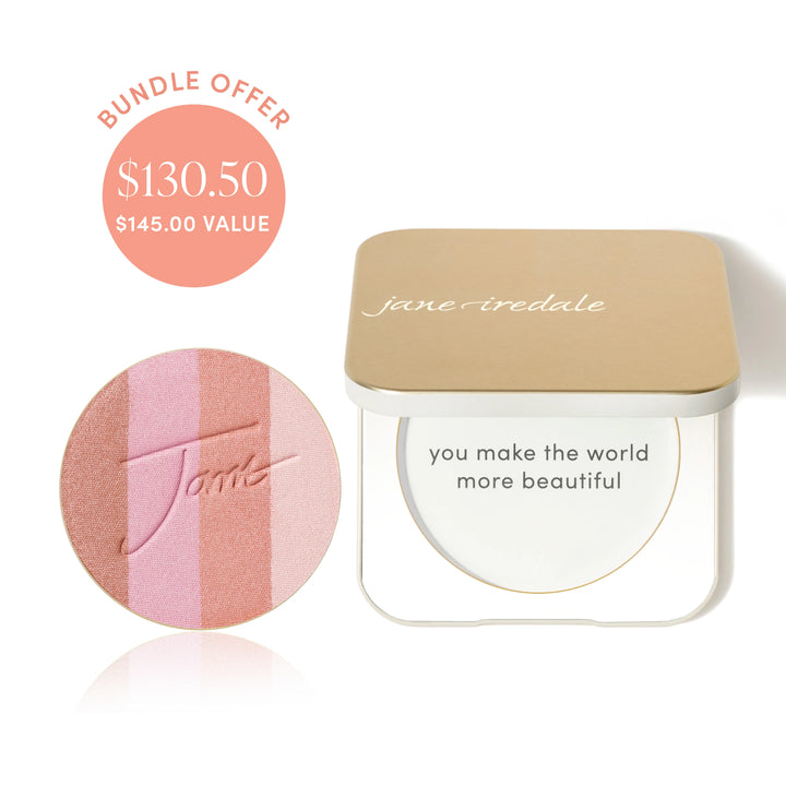 Jane Iredale® PureBronze Shimmer Bronzer refill in Rose Dawn shade beside a Refillable Compact, with bundle offer badge showing $130.50 and $145.00 value.