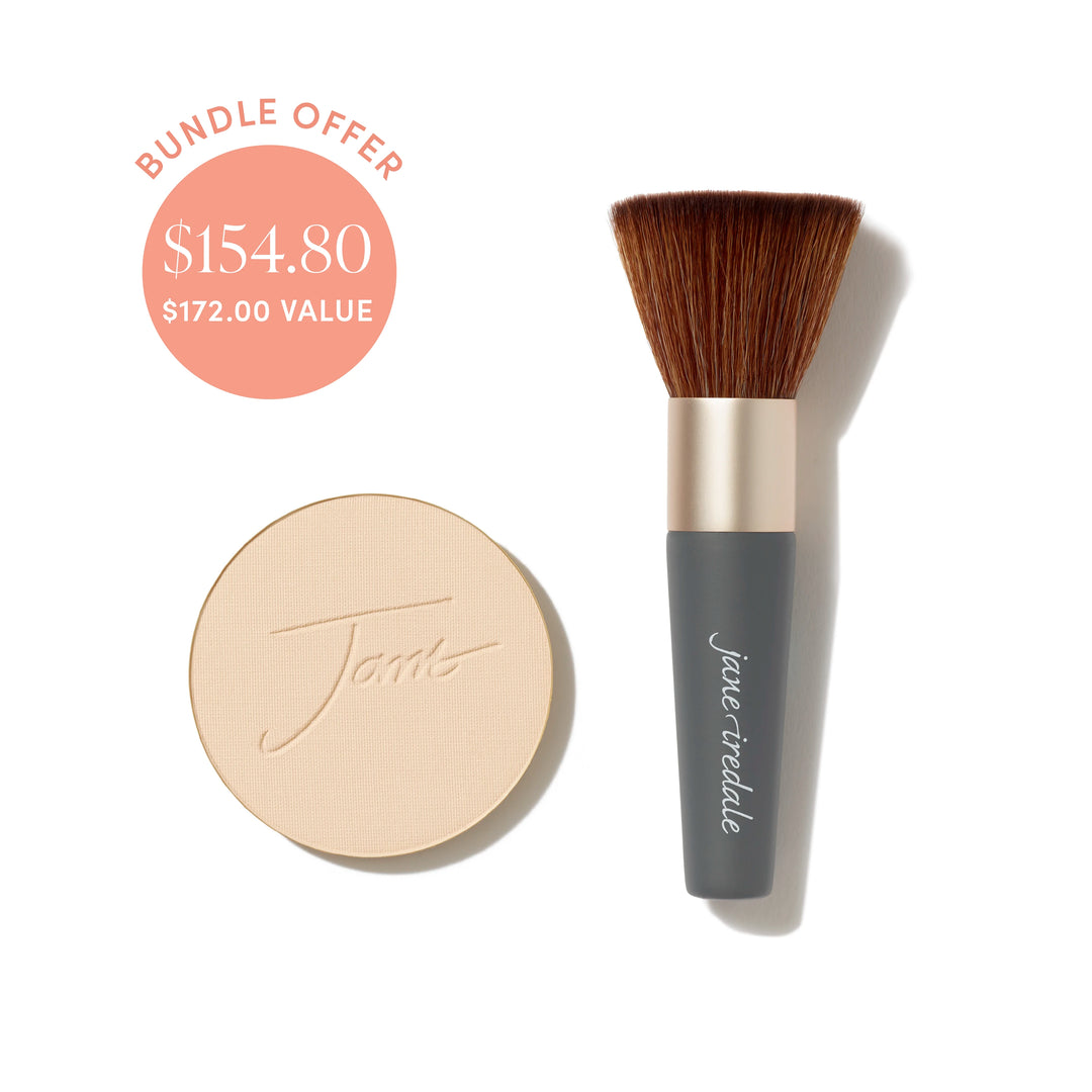 Jane Iredale® PurePressed Base Mineral Foundation refill in Warm Silk shade beside a Handi Brush, with bundle offer badge showing $154.80 and $172.00 value.