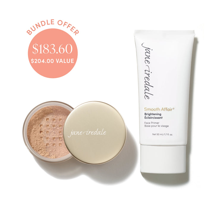 Jane Iredale® Amazing Base Loose Mineral Powder in Honey Bronze shade beside Smooth Affair® Brightening Face Primer, with bundle offer badge showing $183.60 and $204.00 value.