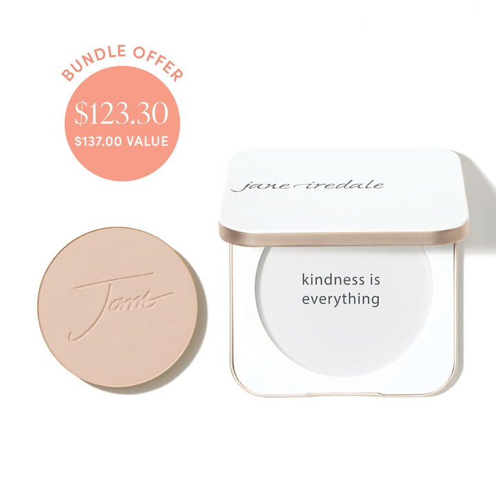 Jane Iredale® PurePressed Base Mineral Foundation refill in Satin shade beside a refillable compact, with bundle offer badge showing $123.30 and $137.00 value.
