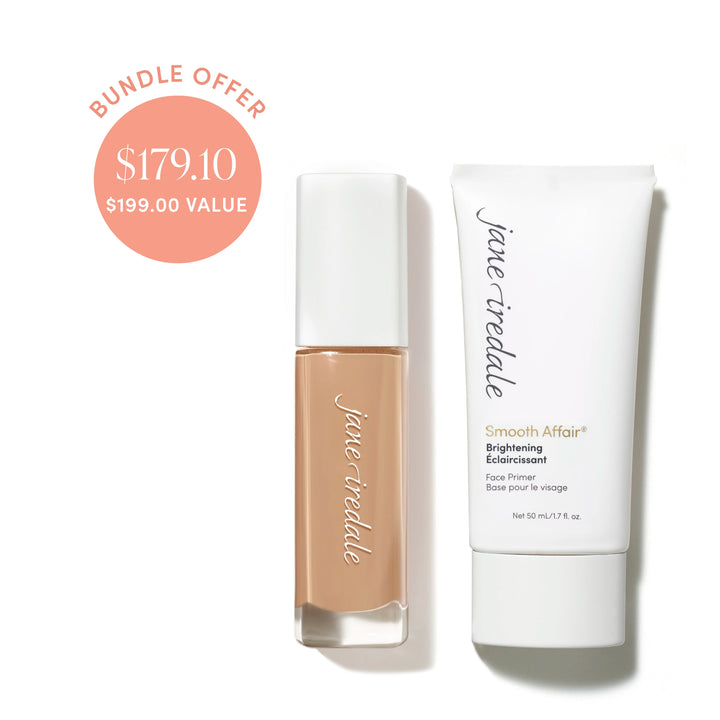 Jane Iredale® Skintuition SPF 30 Radiance-Boosting Liquid Foundation in shade 28 beside Brightening Smooth Affair Face Primer, with bundle offer badge showing $179.10 and $199.00 value.