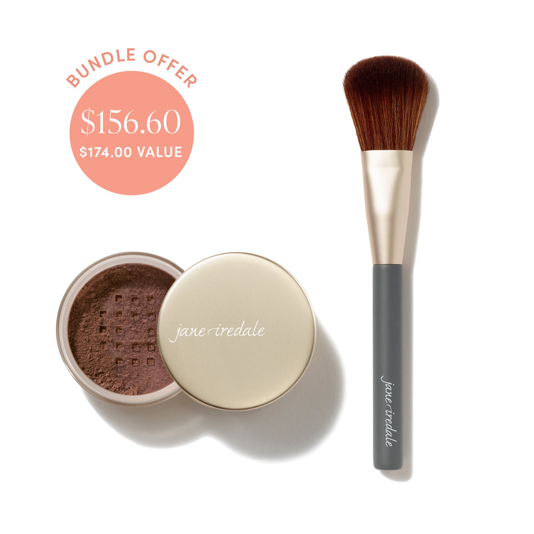Jane Iredale® Amazing Base Loose Mineral Powder in Mahogany shade beside a Powder Complexion Brush, with bundle offer badge showing $156.60 and $174.00 value.