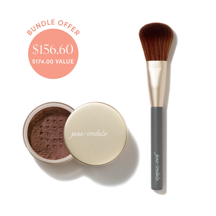 Jane Iredale® Amazing Base Loose Mineral Powder in Mahogany shade beside a Powder Complexion Brush, with bundle offer badge showing $156.60 and $174.00 value.