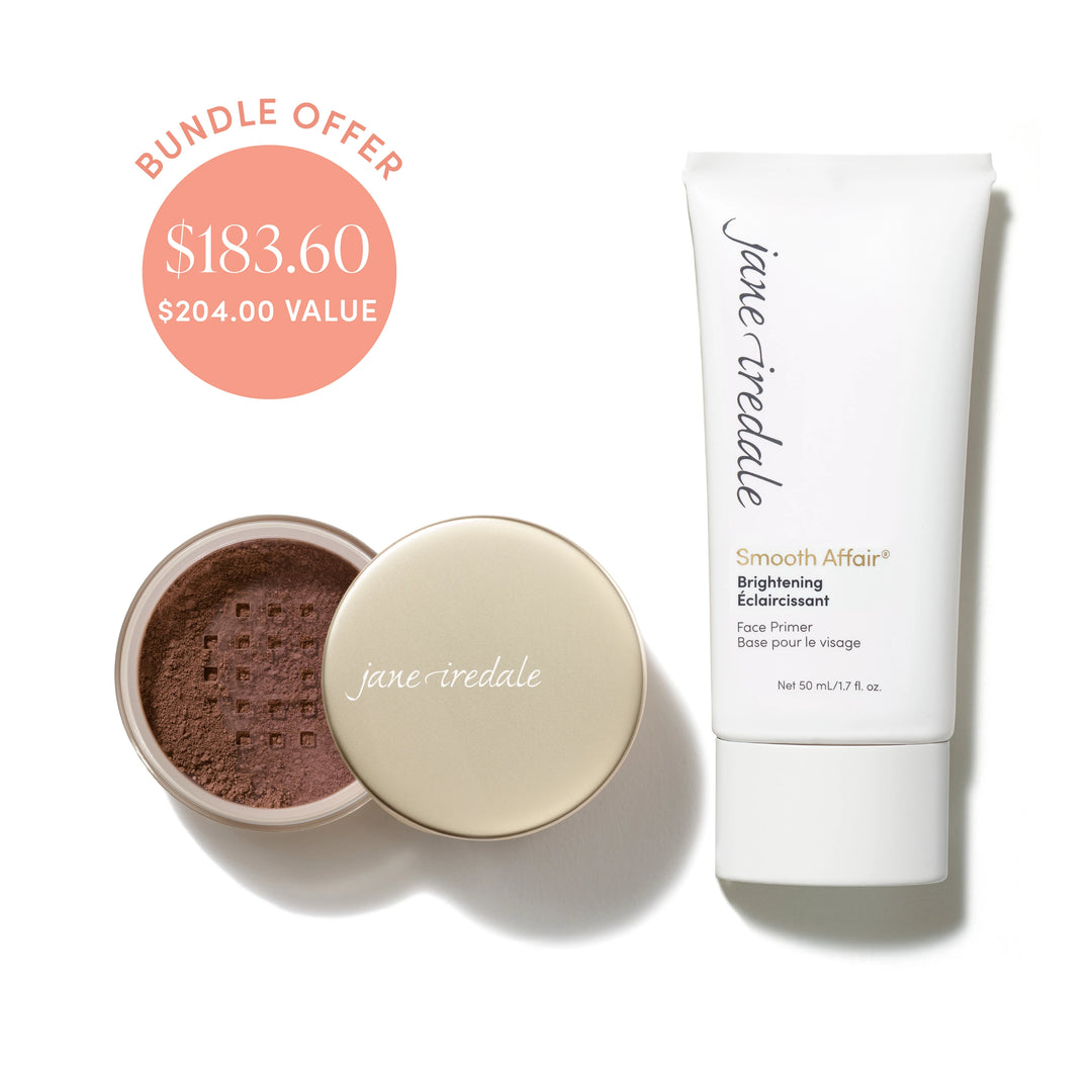 Jane Iredale® Amazing Base Loose Mineral Powder in Mahogany shade beside Smooth Affair® Brightening Face Primer, with bundle offer badge showing $183.60 and $204.00 value.