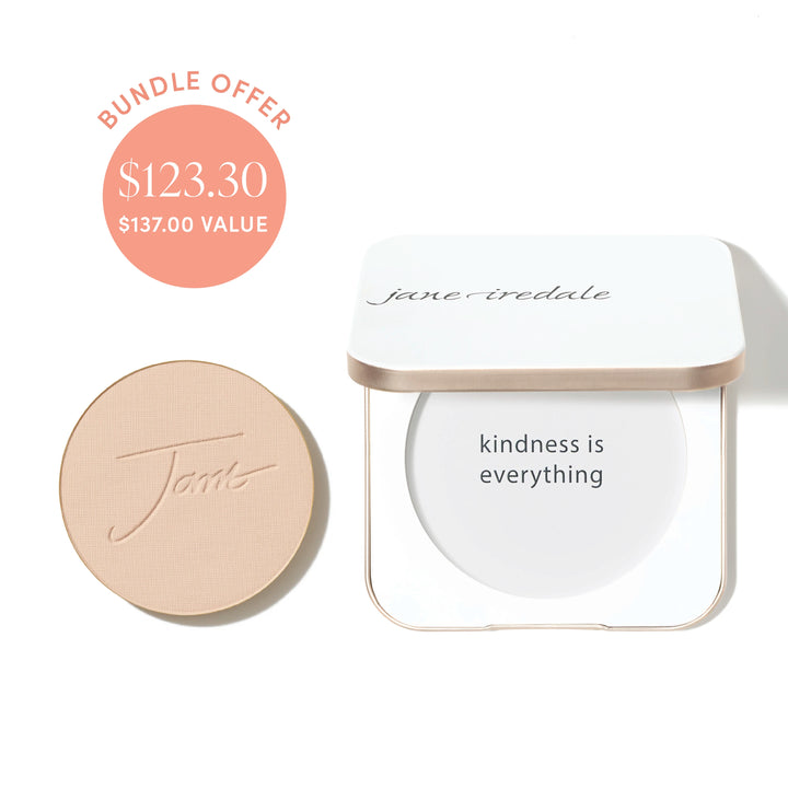 Jane Iredale® PurePressed Base Mineral Foundation refill in Natural shade beside a refillable compact, with bundle offer badge showing $123.30 and $137.00 value.