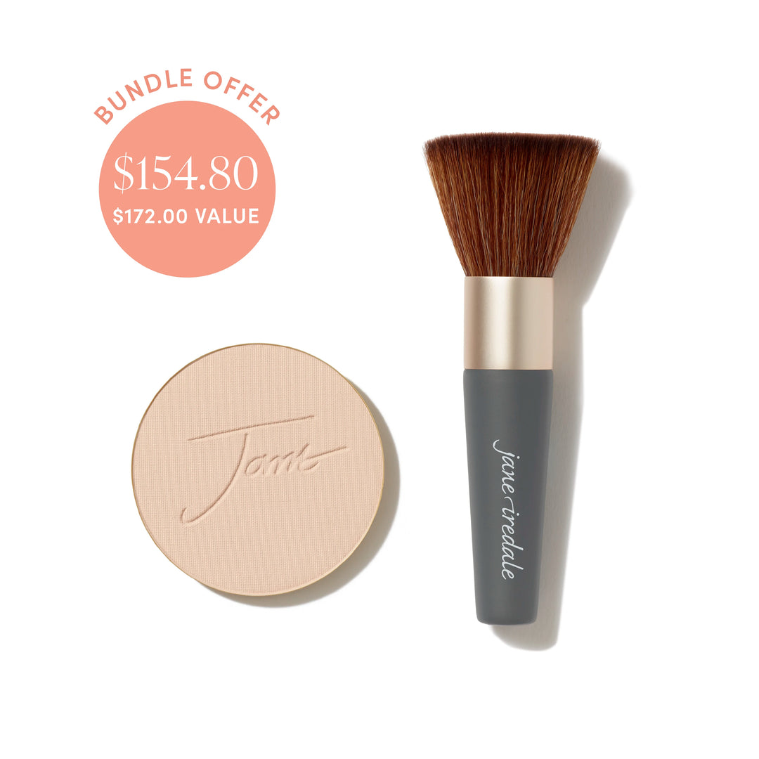 Jane Iredale® PurePressed Base Mineral Foundation refill in Natural shade beside a Handi Brush, with bundle offer badge showing $154.80 and $172.00 value