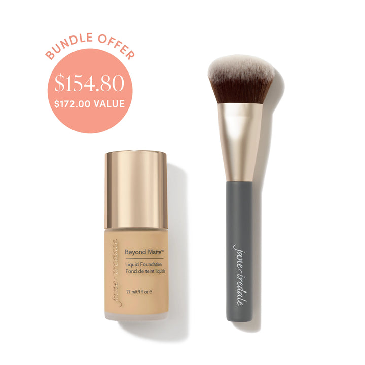 Jane Iredale® Beyond Matte Liquid Foundation in shade M8 beside a Multiuse Blending Brush, with bundle offer badge showing $154.80 and $172.00 value.