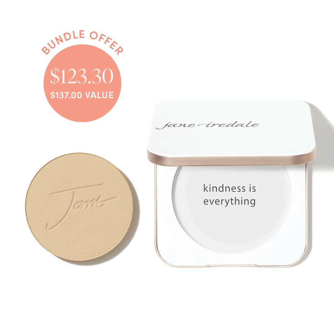 Jane Iredale® PurePressed Base Mineral Foundation refill in Warm Sienna shade beside a refillable compact, with bundle offer badge showing $123.30 and $137.00 value.