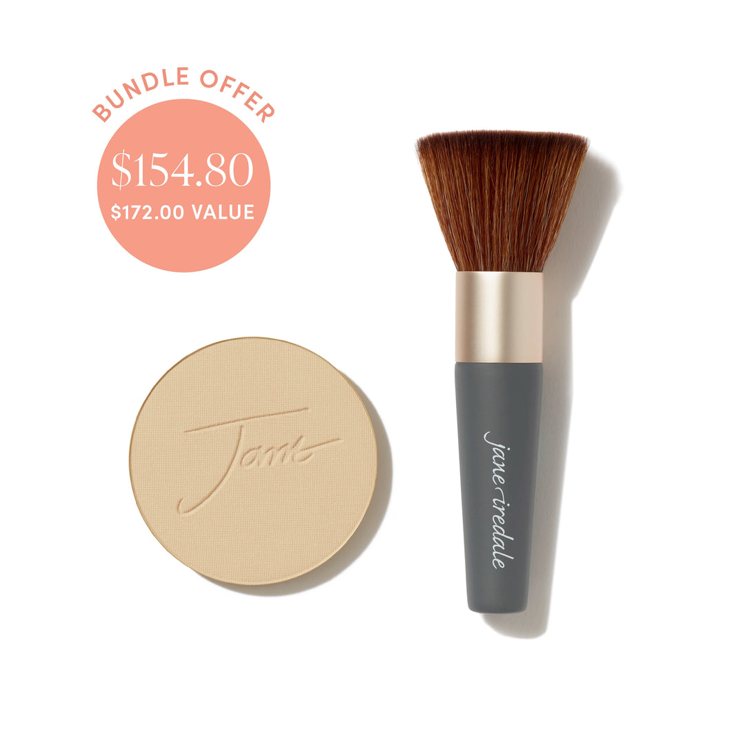 Jane Iredale® PurePressed Base Mineral Foundation refill in Warm Sienna shade beside a Handi Brush, with bundle offer badge showing $154.80 and $172.00 value.