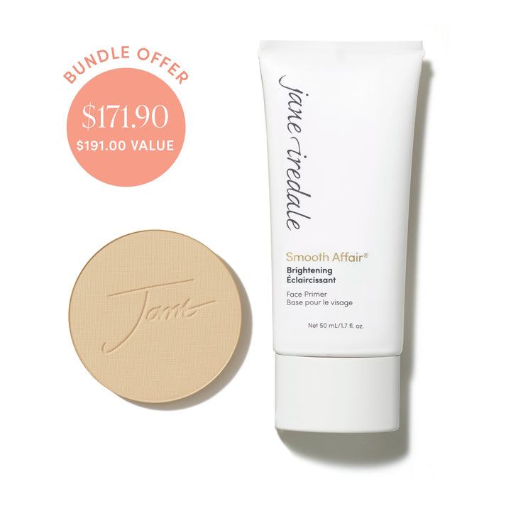 Jane Iredale® PurePressed Base Mineral Foundation refill in Warm Sienna shade beside Brightening Smooth Affair Face Primer, with bundle offer badge showing $171.90 and $191.00 value.