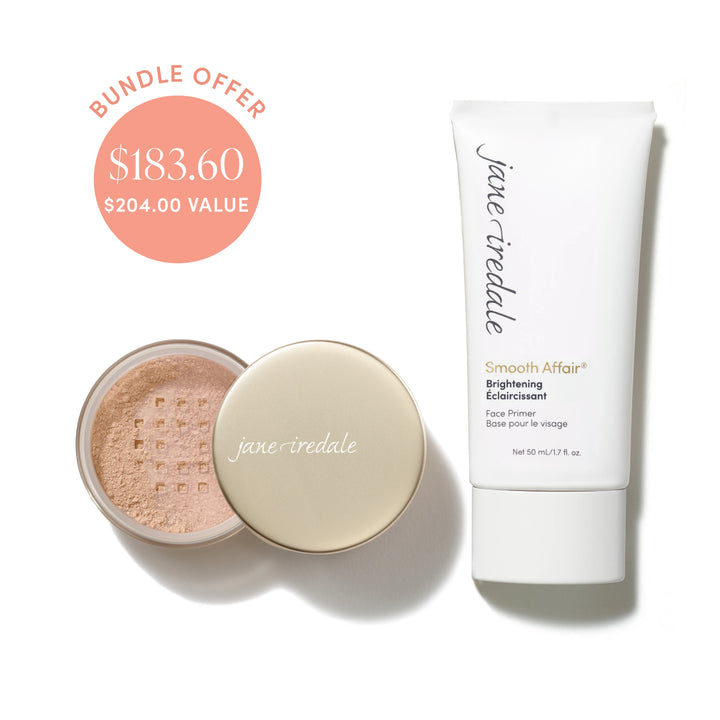 Jane Iredale® Amazing Base Loose Mineral Powder in Radiant shade beside Smooth Affair® Brightening Face Primer, with bundle offer badge showing $183.60 and $204.00 value.