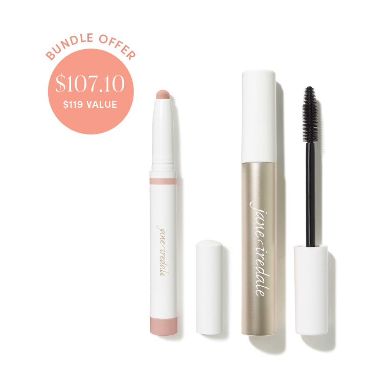 Jane Iredale® bundle offer featuring ColorLuxe Eye Shadow Stick in Cameo and Lash Fixation™ Length & Definition Tubing Mascara on a soft grey background, with bundle price $107.10 and $119 value shown in a peach circle.