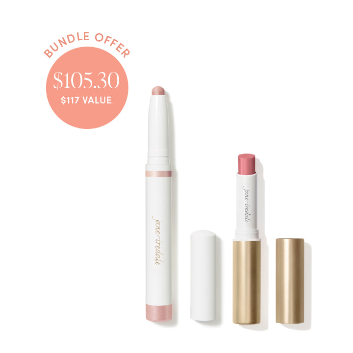 Jane Iredale® bundle offer featuring ColorLuxe Eye Shadow Stick in Prima and a pink lip product on a soft grey background, with bundle price $105.30 and $117 value shown in a peach circle.