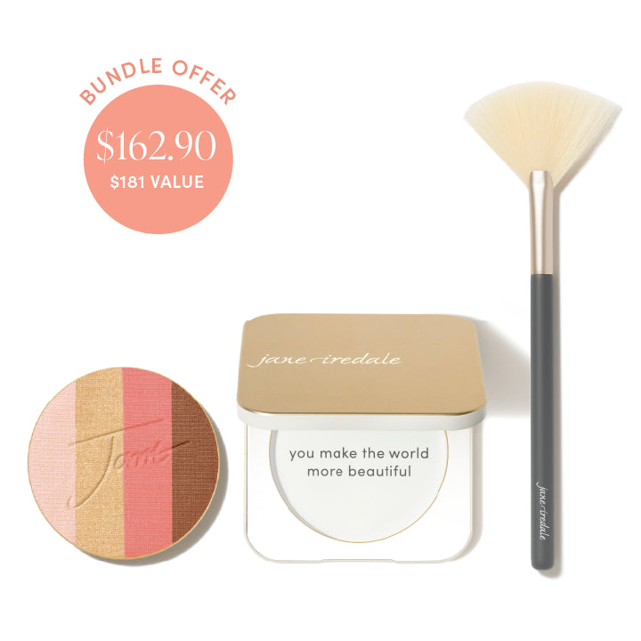 Jane Iredale® bundle offer featuring PureBronze Shimmer Bronzer Refill in First Light, a dusty gold Refillable Compact and Fan Brush on a soft grey background, with bundle price $162.90 and $181 value shown in a peach circle.