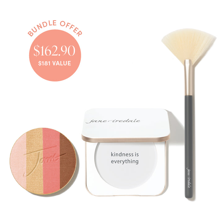 Jane Iredale® bundle offer featuring PureBronze Shimmer Bronzer Refill in First Light, a white Refillable Compact and Fan Brush on a soft grey background, with bundle price $162.90 and $181 value shown in a peach circle.