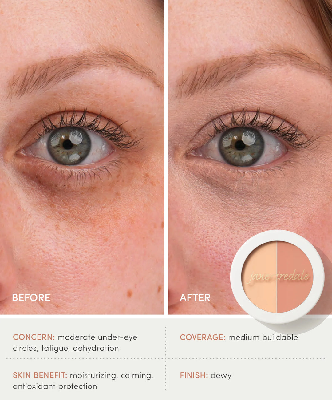 Before and after comparison of eye area with Circle\Delete Concealer showing reduction of under-eye circles.