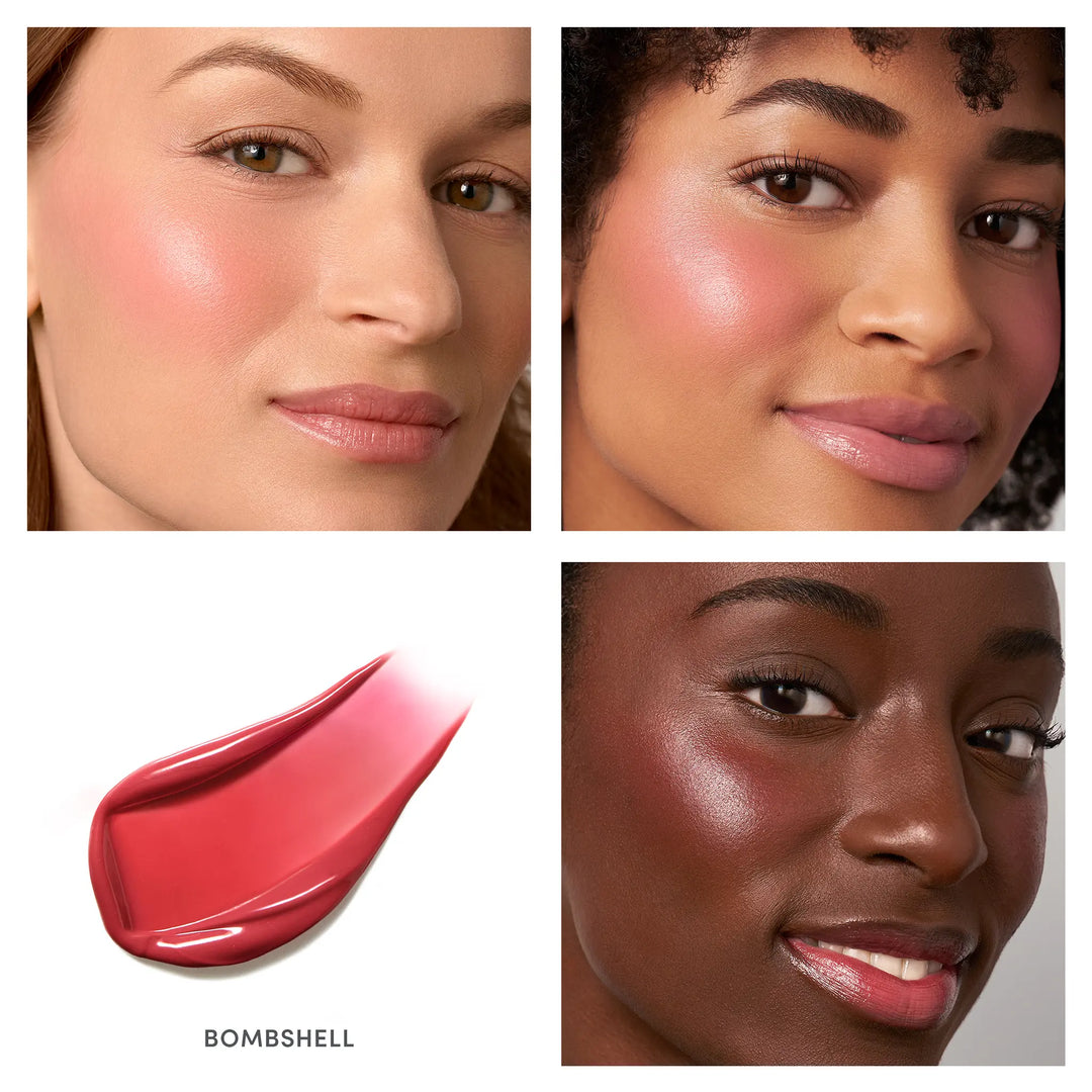 Collage of three women with different skin tones wearing a pink liquid blush, labeled &