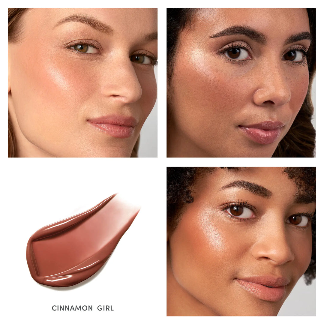 Collage of three women with different skin tones wearing a bronze liquid blush, labeled &