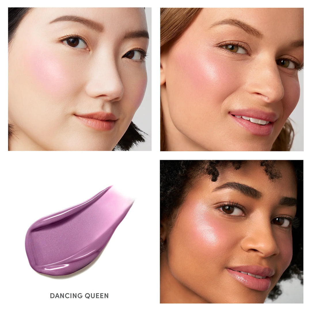 Collage of three women with different skin tones wearing a purple liquid blush, labeled &