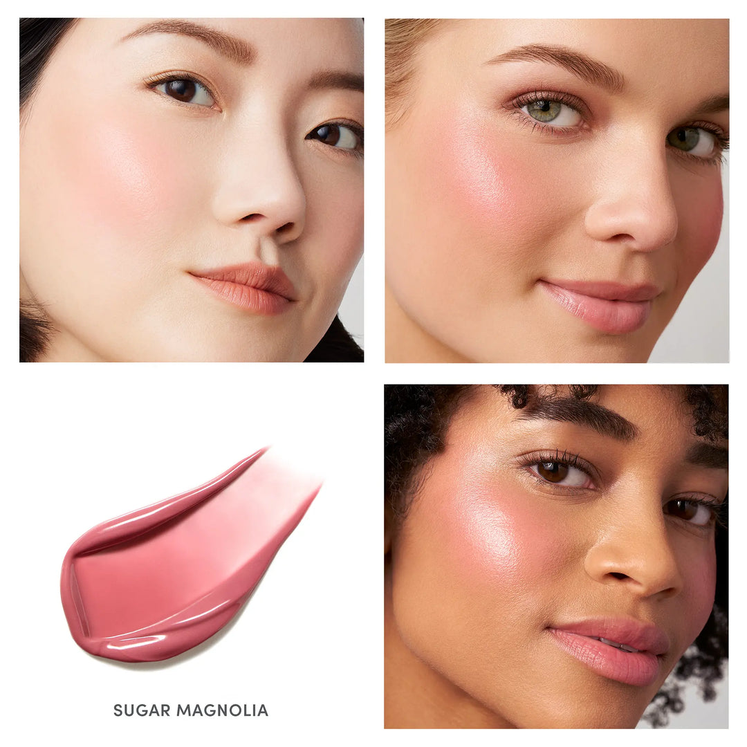 Collage of three women with different skin tones wearing a cool pink liquid blush, labeled &